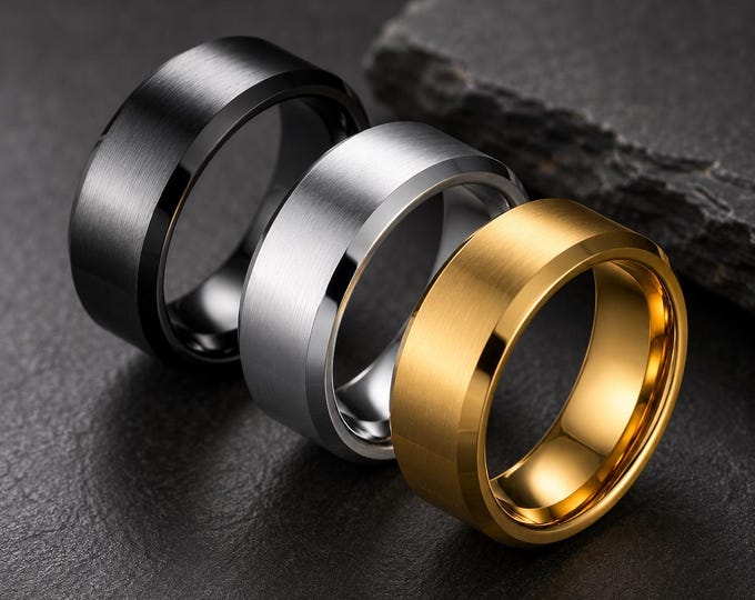 Brushed Center Tungsten Carbide Wedding Band, 6mm 8mm Beveled Edge Custom Engraved Ring for Women, Durable Promise Ring for Men