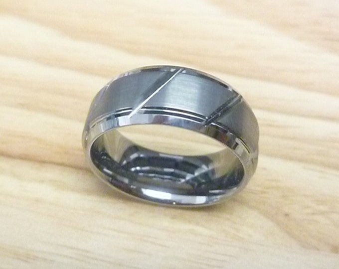 Custom Laser Engraving Ring - 8mm Tungsten Carbide Diagonal Cuts With Brushed Center Wedding Band Ring for Men Or Women Gift for Her & Him