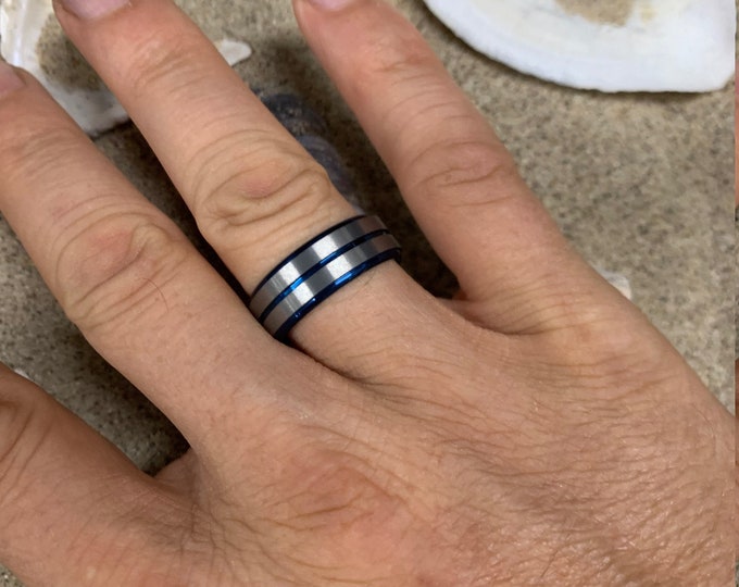 Mens Wedding Band Blue Tungsten Ring with Blue Line Mens Wedding Ring 8mm Tungsten Ring Two Tone Wedding Band Personalized Wedding Band