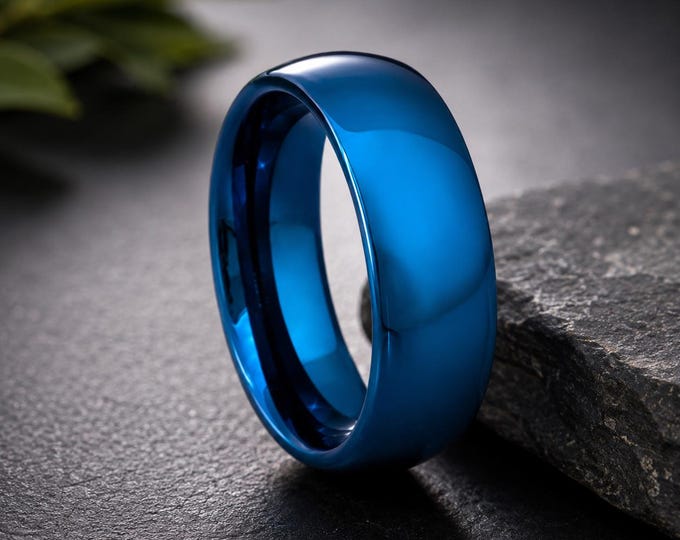 Custom Personalized Laser Engraved 6mm Blue Shiny Tungsten Carbide Ring, Blue Wedding Anniversary Gift Band, Comfort Fit Promise Ring