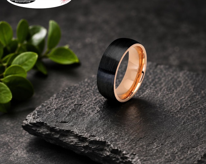 Custom Engraved 8mm Black Tungsten Wedding Band, Rose Gold Interior Ring, Personalized Men's Wedding Ring, Comfort Fit Gift for Couples