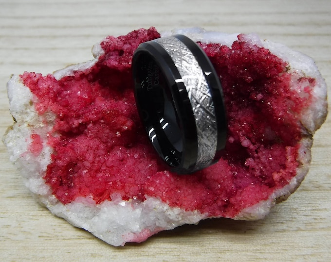 Custom Engraved Promise Ring, 8mm Black Ceramic Ring with Silver Meteorite Inlay, Personalized Beveled Ring, Wedding Band for Him or Her