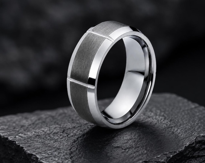 Black Tungsten Wedding Band with Meteorite Inlay, Silver Brushed Ring, Domed Comfort Fit Anniversary Ring, Unique Space-Inspired Jewelry