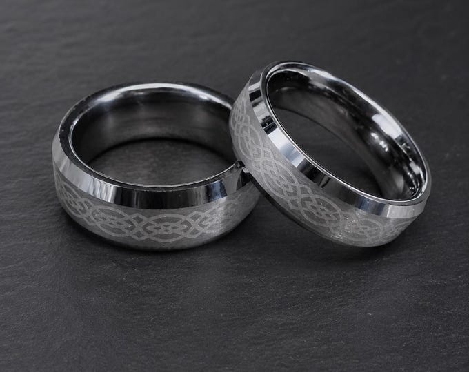 Custom Laser Engraved Celtic Knot Tungsten Ring, Matte Finish Beveled Edge Wedding Band for Couple, Personalized Infinity Knot Promise Ring