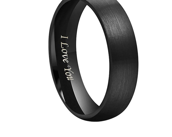 Personalized Engraving - 8mm or 6mm Black Tungsten Carbide  " I love you " | Engagement Anniversary | Wedding Band Ring for Men Or Women