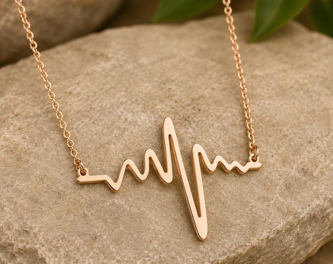 Custom Engraved Heartbeat Necklace, Personalized Rose Gold Stainless Steel Pendant, Name Necklace, ECG Heart Line Jewelry, Anniversary Gift