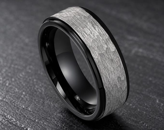 Engraved Black Tungsten Ring for Men & Women, 8mm Silver Hammered Center Wedding Band, Personalized Comfort Fit Anniversary Couple Ring