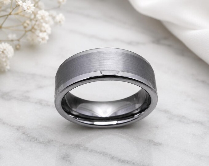 8mm Tungsten Carbide Wedding Band Ring, Brushed Center Finish Ring, Comfort Fit Wedding Ring, Durable Black Gray Anniversary Band Gift