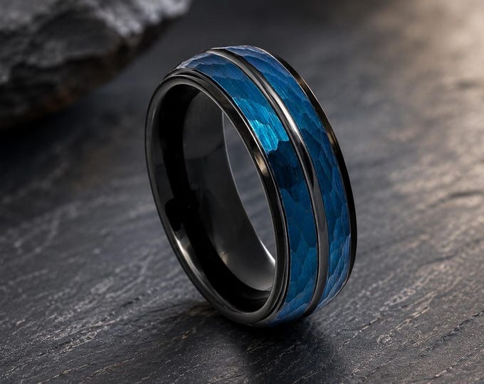 Personalized 8mm Blue & Black Hammered Tungsten Ring, Custom Engraved Two-Tone Wedding Band, Durable Comfort Fit Anniversary Gift for Couple