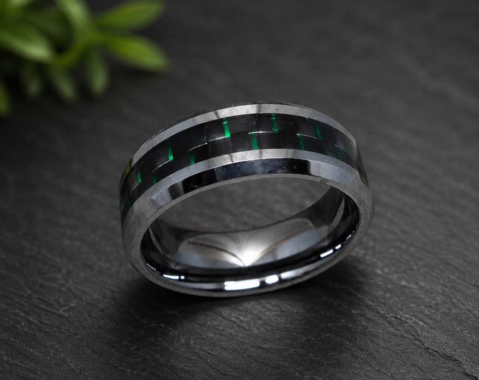 Personalized Tungsten Carbide Ring with Green Carbon Fiber Inlay, Custom Engraved Beveled Wedding Band, Promise Ring Anniversary Gift