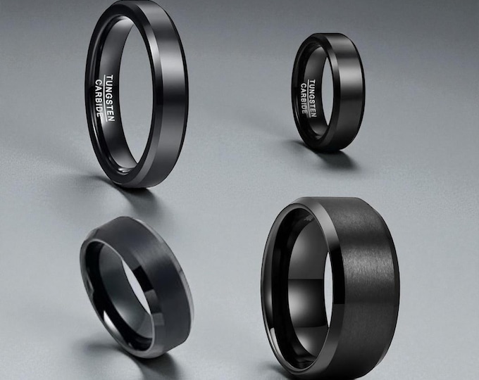 Black Tungsten Carbide Wedding Band: Beveled Brushed Ring, Free Engraving