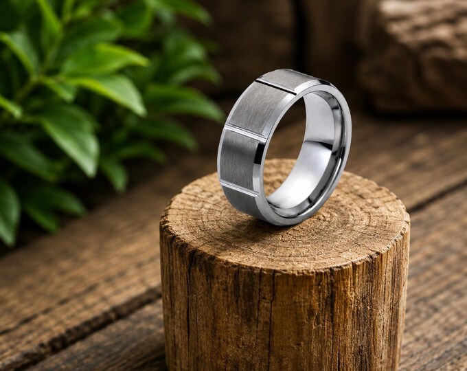 Personalized 8mm Tungsten Carbide Wedding Band, Custom Engraved Brushed Groove Ring, Promise Ring Anniversary Gift, Comfort Fit His Band