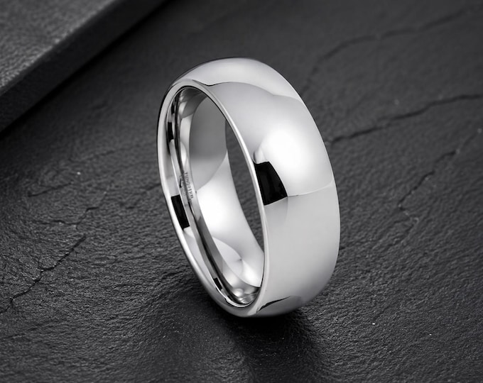 Custom Engraved White Tungsten Wedding Band 8mm, Platinum Plated Ring, Personalized Men's Wedding Ring, Comfort Fit Anniversary Gift