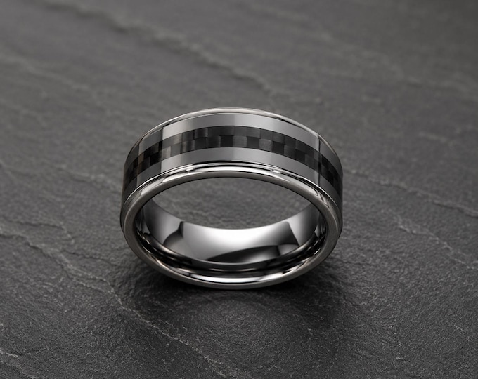 Personalized Tungsten Carbide Ring, Black Carbon Fiber Inlay Promise Ring, Custom Engraved Wedding Band, Anniversary Gift Engagement Ring