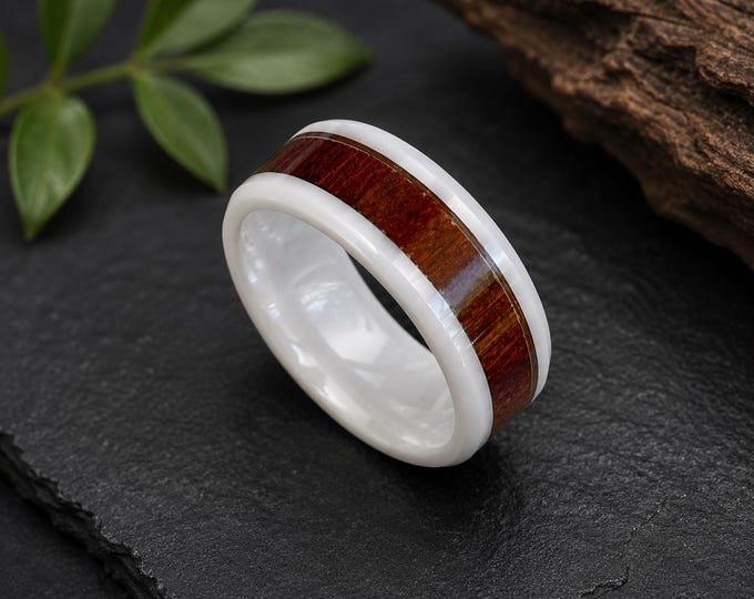 Hawaiian Koa Wood Inlay White Ceramic Ring, Faceted White Ceramic Men's Wedding Band, Exhibition Grade Hawaiian Koa Band