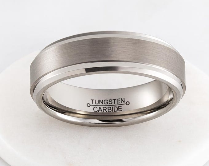 Brushed Tungsten Carbide Wedding Ring: Matte Silver Comfort Fit, Engraved Anniversary Band