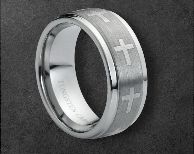 Personalized Engraving - 8mm or 6mm Brushed Tungsten Carbide Christian Cross | Engagement Anniversary | Wedding Band Ring for Men Or Women