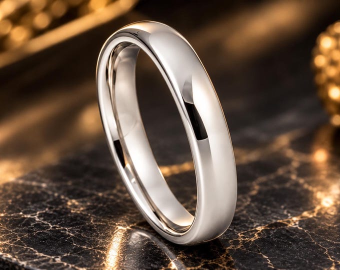 Engraved White Tungsten Wedding Ring, Platinum Plated 4mm Band, Personalized Comfort Fit Groom Ring, Sleek Minimalist Anniversary Jewelry
