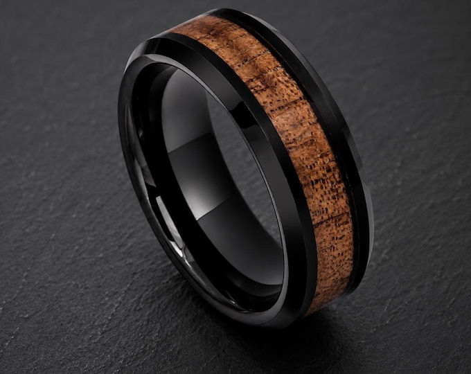 Black Tungsten Ring, Hawaiian Koa Wood Inlay Wedding Band, Custom Engraved Wood Tungsten Ring, Comfort Fit Anniversary Personalized Gift