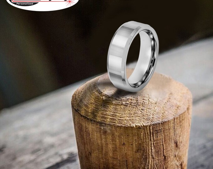 Personalized Engraving - 8mm Tungsten Carbide Shiny Polished With Beveled Edge Wedding Band Ring for Men Or Women