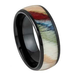 Free Personalized laser engraving Ring for Men and Women Yellow Gold Plated Whiskey Barrel & Deer Antler Inlay Wedding Band Rings for Couple