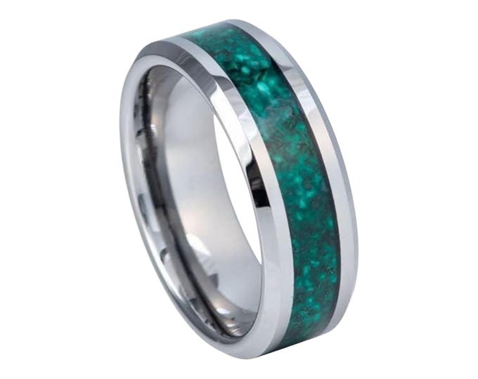 Personalized Tungsten Ring, Wedding Ring with Green Agate Inlay, 8mm Beveled Edge Band for Men & Women, Custom Engraved Couple Ring