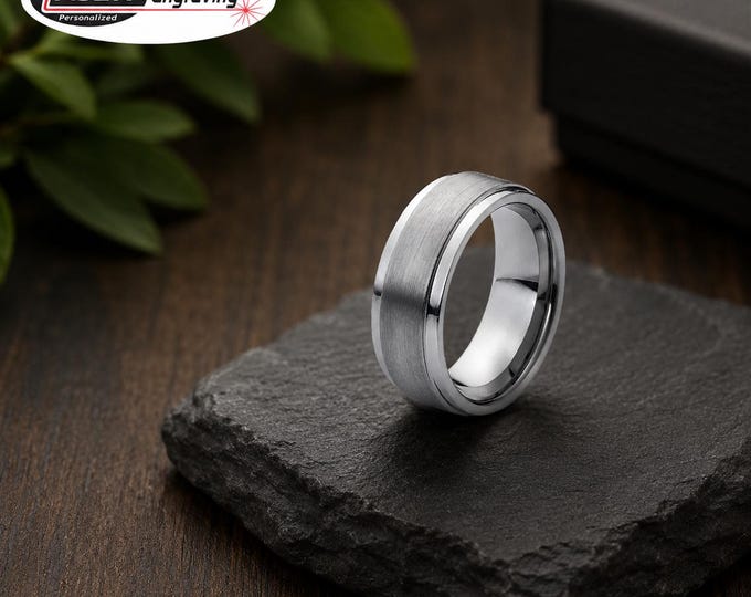 Brushed Tungsten Carbide Ring, 9mm Step Edge Wedding Band, Personalized Engraving Ring, Comfort Fit Anniversary Ring, Matte Finish Gift