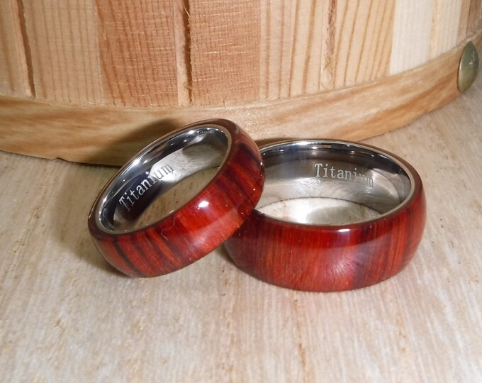 Custom Laser Engraving Ring - 8mm/6mm Titanium Cherry Light Brown Hawaiian Koa Wood Inlay Domed Shape Wedding Ring Set Gift for Her & Him