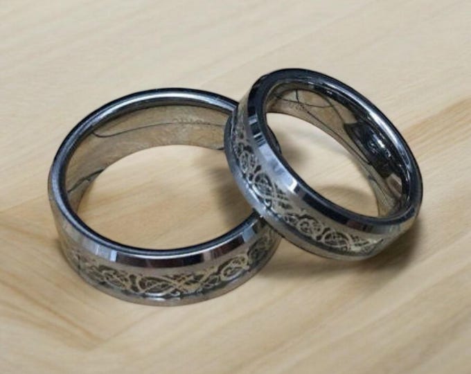 Wedding Bands for Couples, His & Hers Tungsten Rings with Dragon Design, Custom Celtic Knot Rings, Unique Matching Engagement Rings