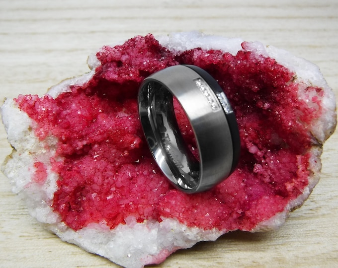 Custom Engraving - 8mm Titanium Black & Gun Metal Split with 8 Cubic Zirconia CZ Wedding Band Ring for Men Or Women