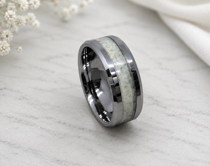 Personalized 8mm Tungsten Carbide Wedding Ring with Marble Inlay, Custom Engraved Couple Band, Modern Rustic Wedding Jewelry Gift