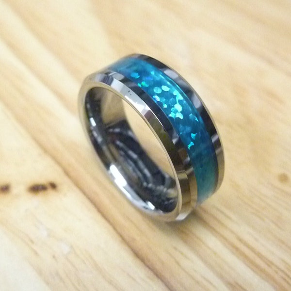 Bague en carbure de tungstène, incrustation d'opale bleue hawaïenne, alliance personnalisée gravée