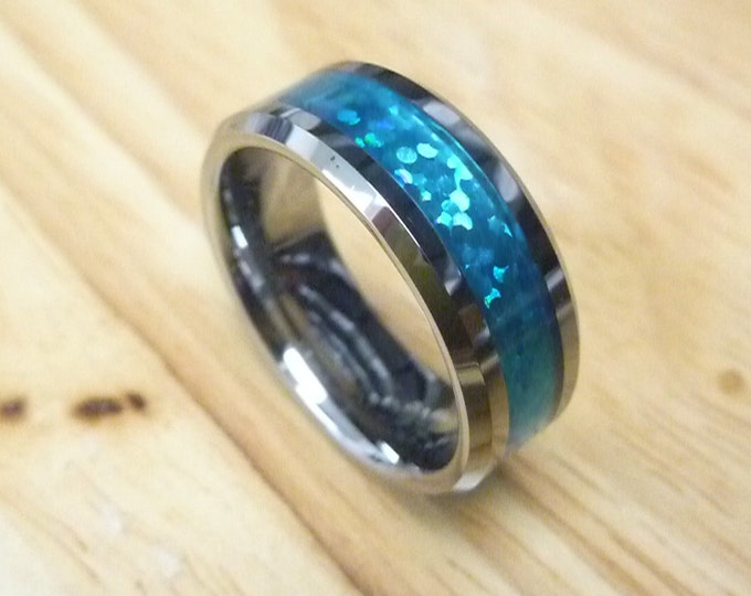 8mm Tungsten Ring with Hawaiian Blue Inlay, Unique Wedding Band for Men or Women, Custom Engraved Engagement Ring Personalized Gift