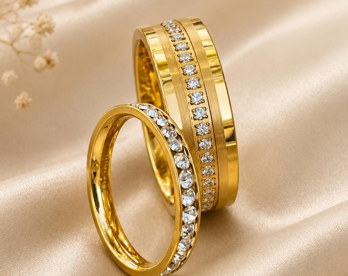 Custom Personalized Gold Tungsten Eternity Wedding Band, Titanium & Cubic Zirconia Ring, Engraved Promise Ring, His Hers Wedding Band