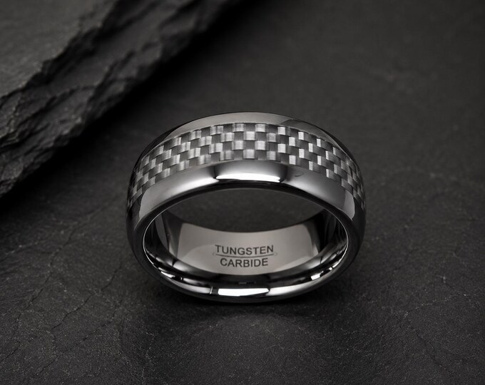 Personalized Tungsten Carbide Ring with Carbon Fiber Inlay, Silver Dome Wedding Band, Custom Engraved Men’s Ring, Modern Handmade Jewelry