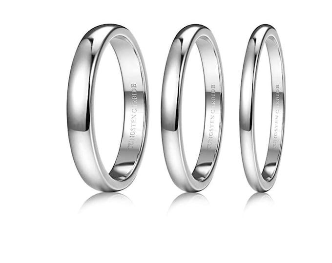 Wedding Band Set for Him & Her, Custom Engraved Silver Tungsten Ring, Matching Durable Comfort Fit Rings, Vintage Jewelry  Elegant Ring