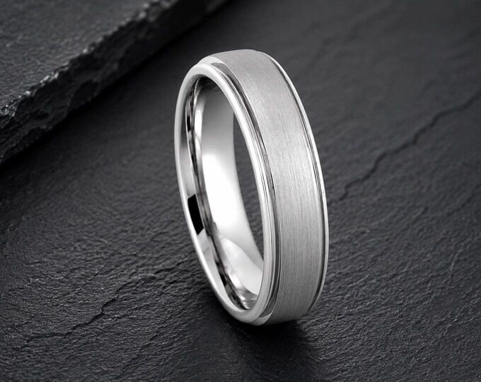 Custom Engraved White Tungsten Wedding Band, Platinum Plated Couple Ring, Personalized Wedding Band, Comfort Fit Promise Ring Jewelry