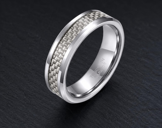 Silver Gray Carbon Fiber Inlay Tungsten Ring, Custom Engraved 6mm Wedding Band, Personalized Matte Finish Comfort Fit Durable Jewelry