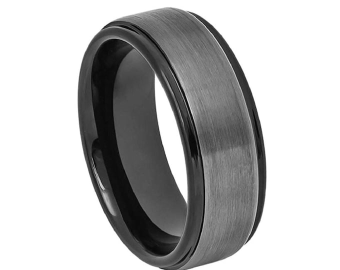 Custom Engraving - 8mm Tungsten Carbide GunMetal IP Plated CenterBrushed Finish Stepped Edge Wedding Band Ring for Men Or Women