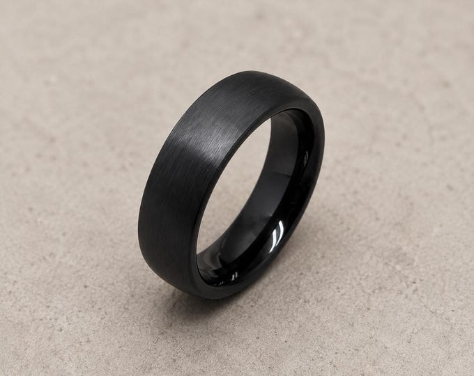 Personalized Black Tungsten Wedding Band, Custom Engraved Brushed Domed Ring, Anniversary Gift Promise Ring, Groom Wedding Jewelry