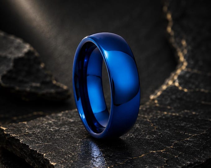 Personalized Laser Engraved Ring, 6mm Blue Tungsten Carbide Wedding Band, Custom Name Ring, Shiny Comfort Fit Promise Ring, Anniversary Gift