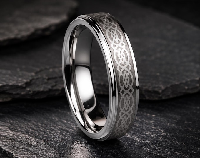 Custom Engraved Tungsten Celtic Knot Wedding Band, Loyal Step Edge Ring, Personalized His & Hers Promise Ring, Comfort Fit Anniversary Gift