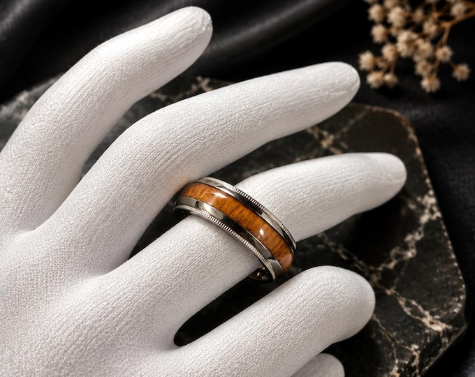 Custom Engraved Titanium Wedding Ring, 8mm Domed Band with Koa Wood Inlay, Personalized Wedding Band, Comfort Fit Promise Anniversary Gift