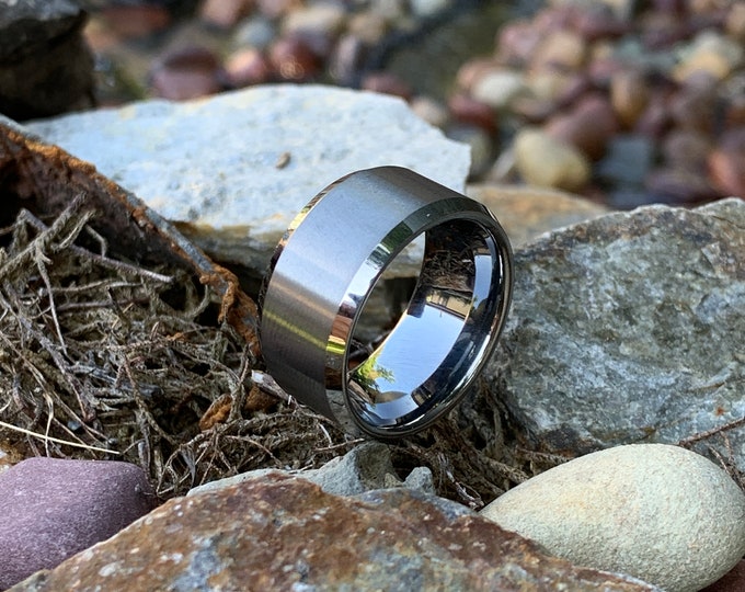 Personalized Engraving 10mm Tungsten Carbide Heavy Brushed Center BeveledEdge  | Engagement Anniversary | Wedding Band Ring for Men Or Women