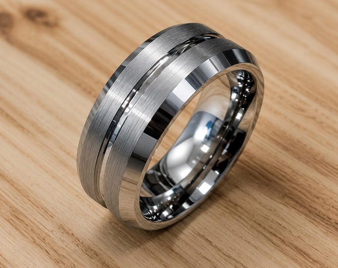 Heavy Duty 8mm Tungsten Carbide Band, Brushed Beveled Edge Wedding Ring, Custom Engraving Couples Ring, Men's Personalized Jewelry Gift