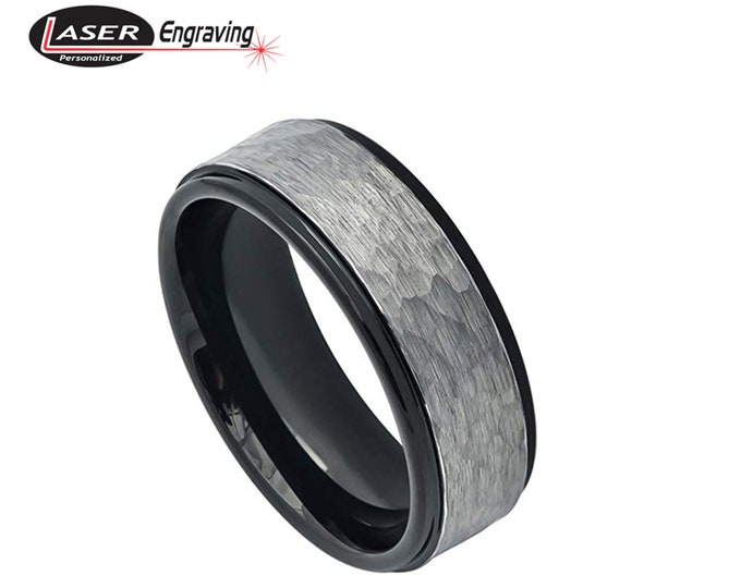 Personalized  Engraving 8mm Tungsten Carbide Two tone Hammered Gun Metal Brushed  Black IP Stepped Edge Wedding Band Ring for Men Or Women