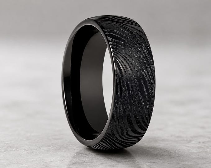 Laser Etched Mokume Gane Black Tungsten Wedding Band, Custom Engraved Ring, Unique Pattern Engagement Band, Personalized Anniversary Ring