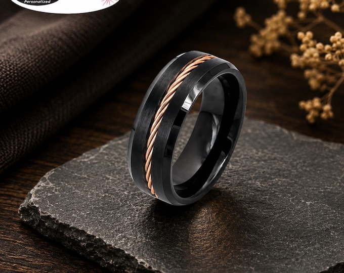 Custom Black Tungsten Ring with Rose Gold Rope Inlay, Personalized Wedding Band, Engraved Promise Ring, Anniversary Gift Comfort Fit Band
