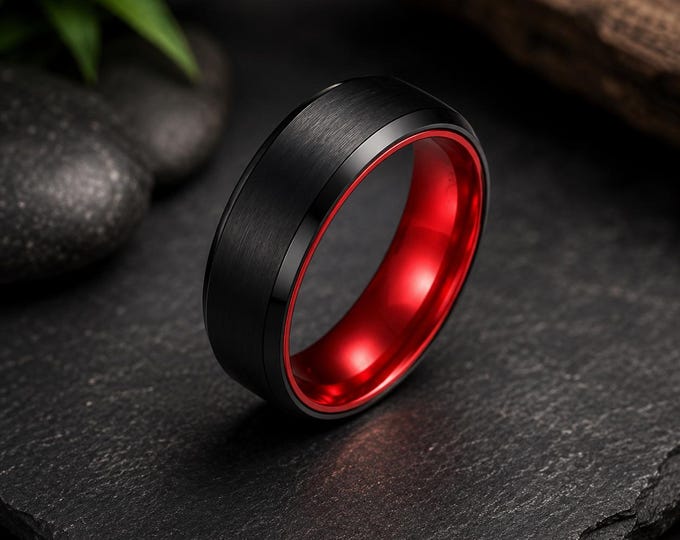 Custom Engraved Black Tungsten Ring, Red Aluminum Sleeve Wedding Band, Personalized His and Hers Ring, Comfort Fit Anniversary Gift