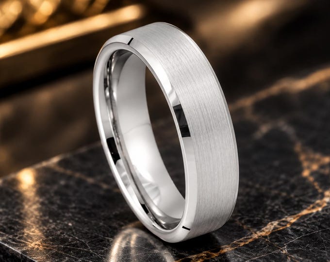 Custom Engraved White Tungsten Wedding Band, Platinum Plated 8mm Ring, Personalized Men's Wedding Ring, Comfort Fit Anniversary Gift